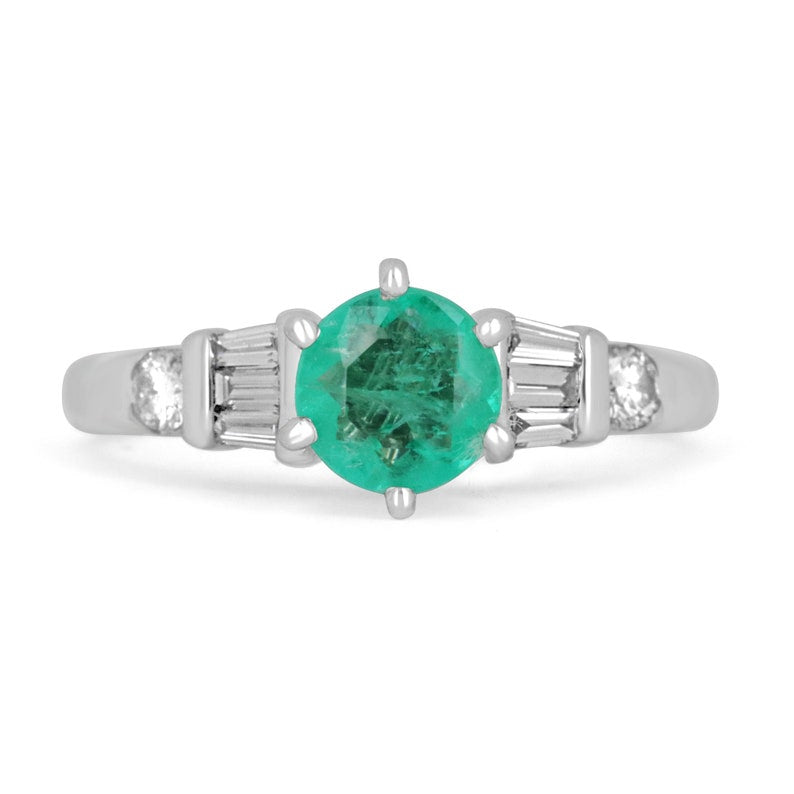 1.10tcw 14K Colombian Emerald Round Cut & Tapered Baguette Semi-Transparent Ring