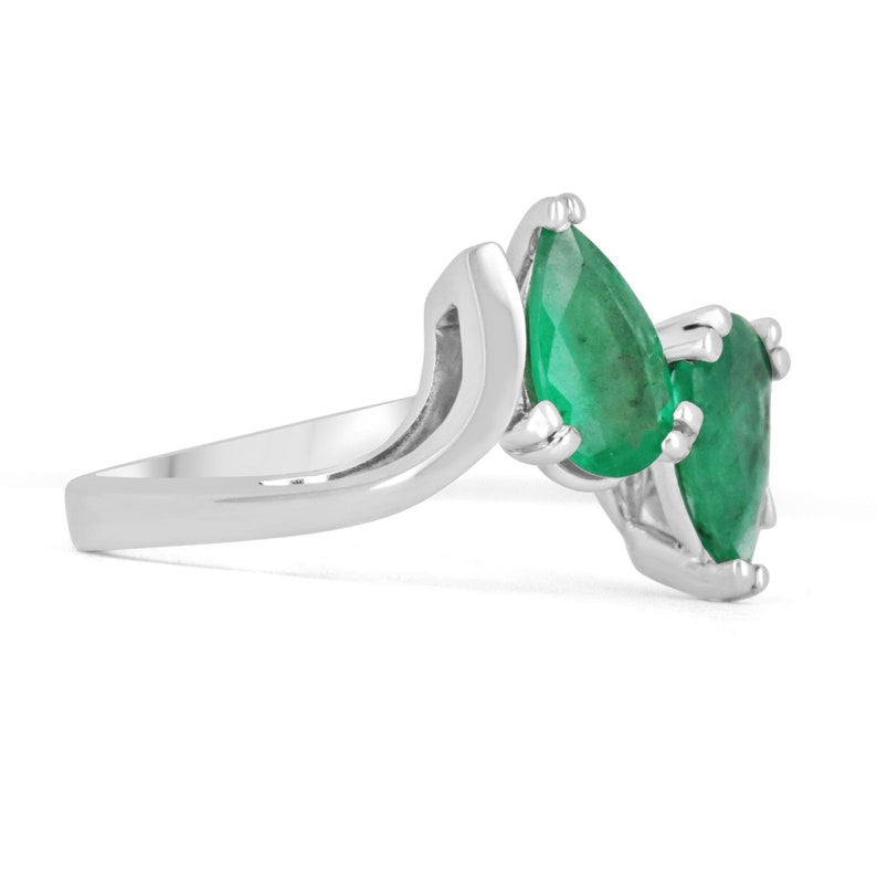  18K Colombian Emerald Pear Cut White Gold Dual Statement Ring