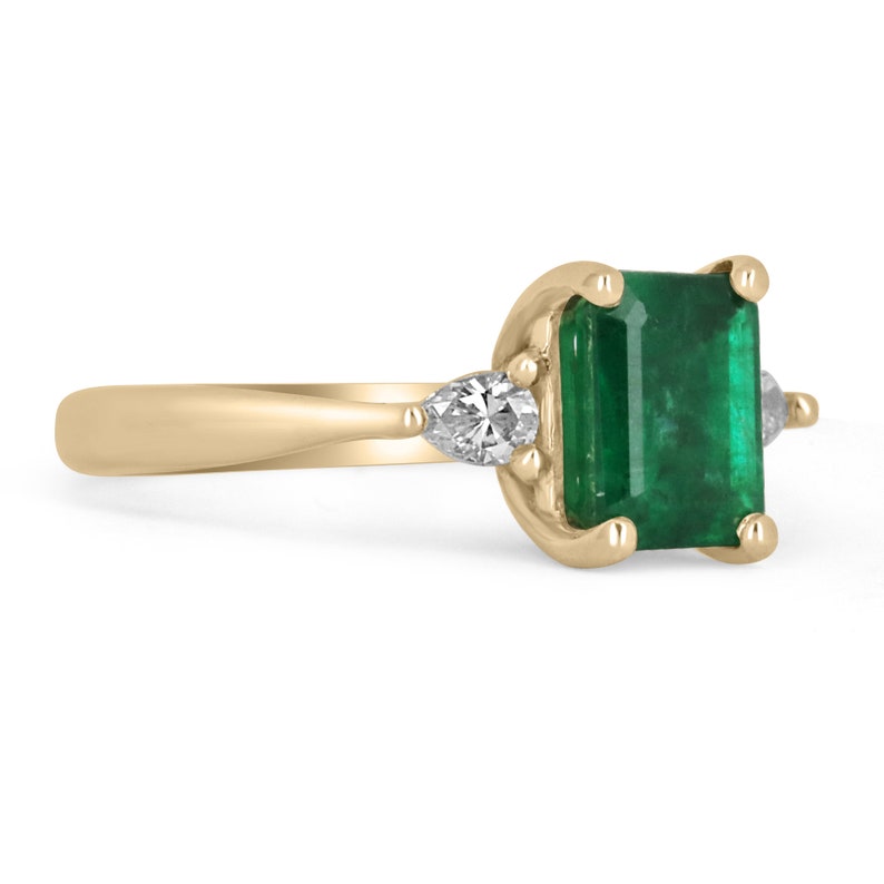 Radiant 14K Gold Ring with 1.22tcw Dark Green Emerald Cut & Pear Cut Diamond Three Stone - Timeless Charm