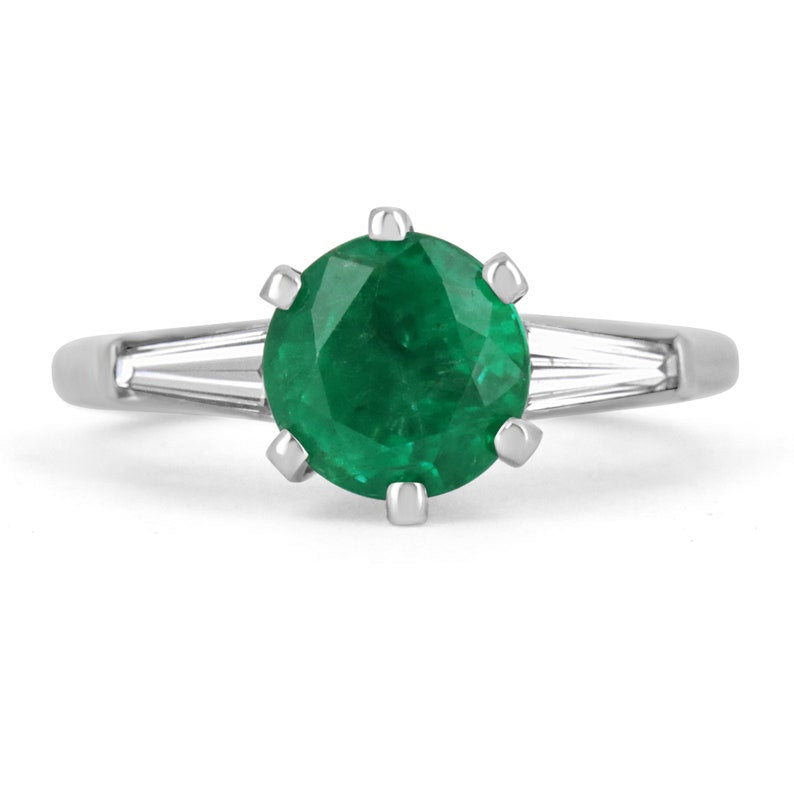 2.50tcw Natural Emerald Round Cut & Tapered Baguette Diamond Three Stone Ring