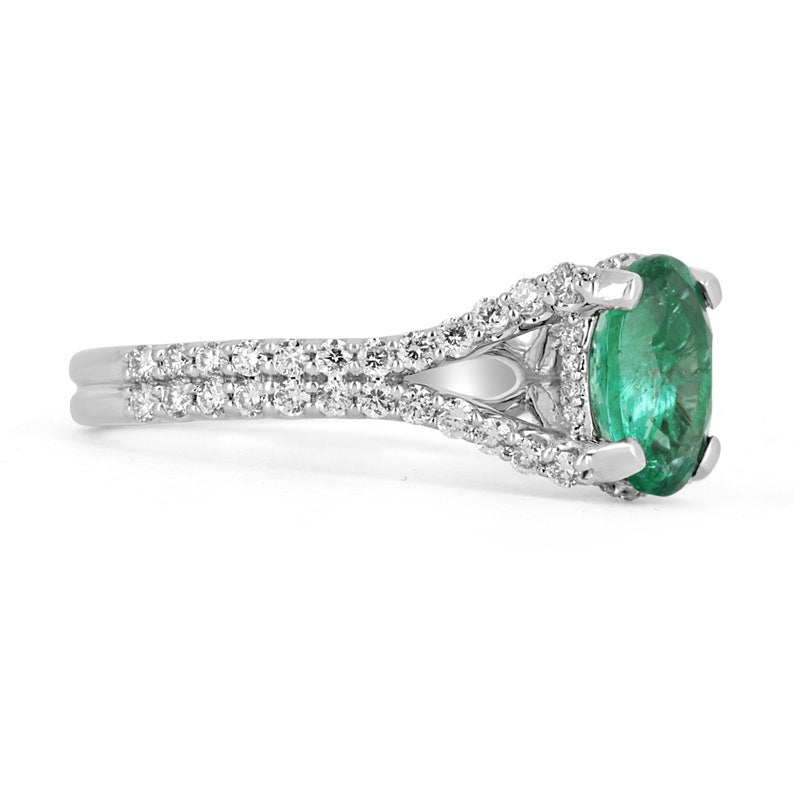 Natural Emerald Oval & Diamond Split Shank Engagement Ring