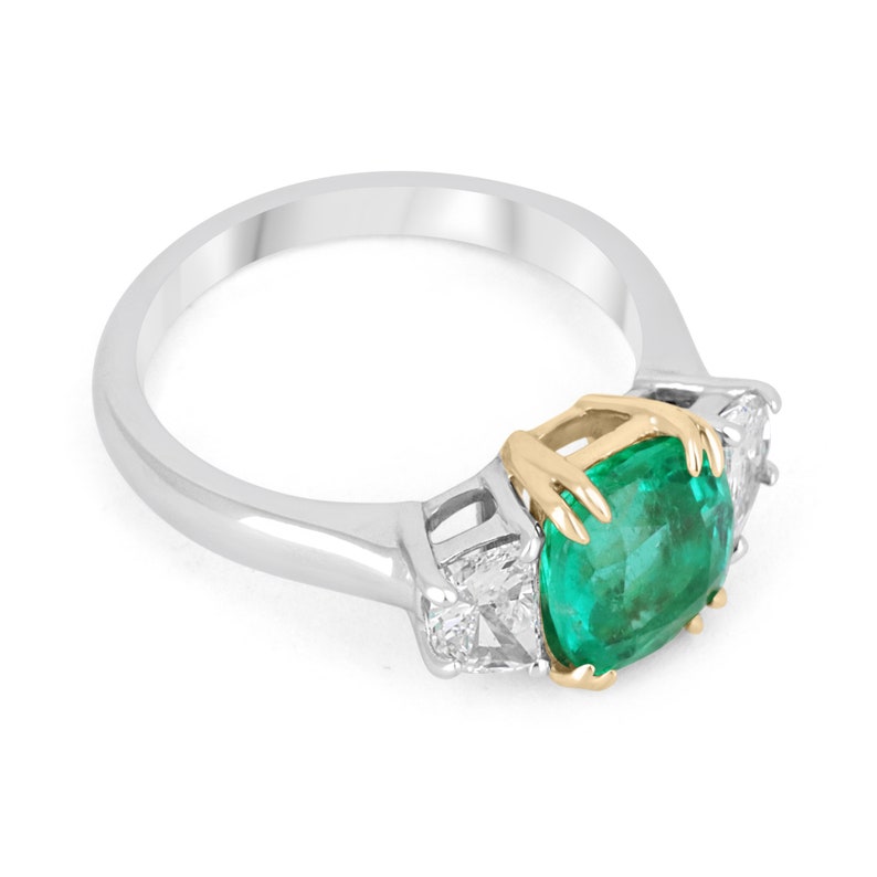 Colombian Emerald Cushion Cut Diamond Three Stone Ring