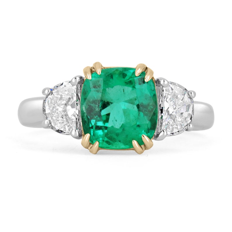 2.97tcw 18K Colombian Emerald Cushion Cut Diamond Three Stone Ring