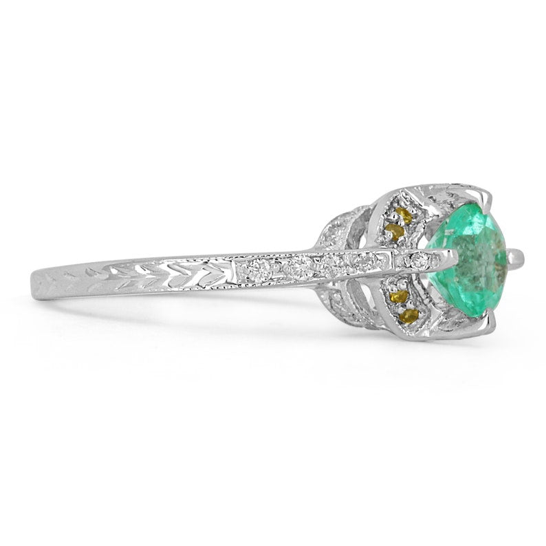 Colombian Emerald Round Cut & Diamond Accent Engagement Ring