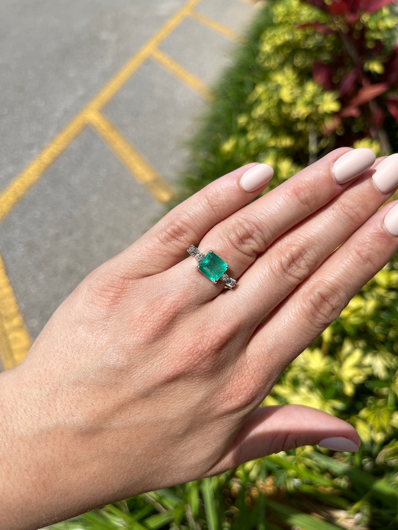  Colombian Emerald Cut & Diamond  Gold Engagement Ring