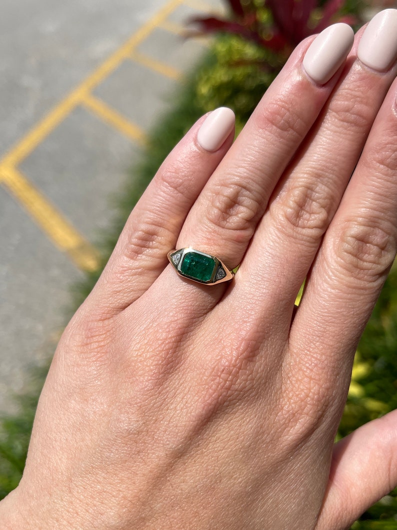 Dark Green Emerald & Trillion Cut Three Stone Diamond Gypsy Ring