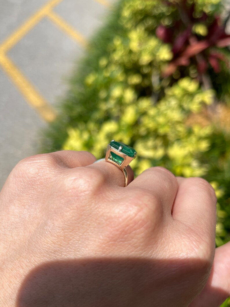 7.76cts 18K Natural Emerald Cut Solitaire Gold Engagement Ring - JR Colombian Emeralds