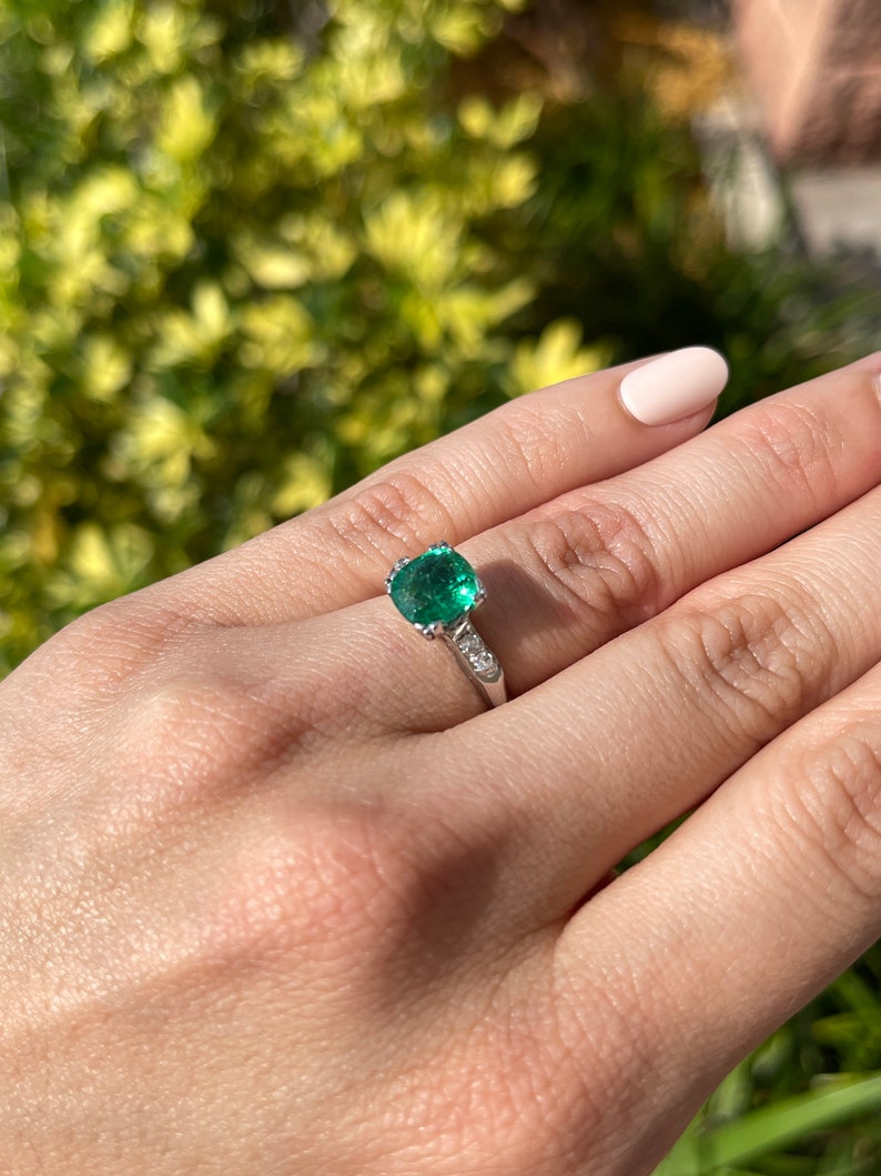 5.62tcw 14K Natural Emerald & Diamond Cushion Cut Solitaire Ring - JR Colombian Emeralds