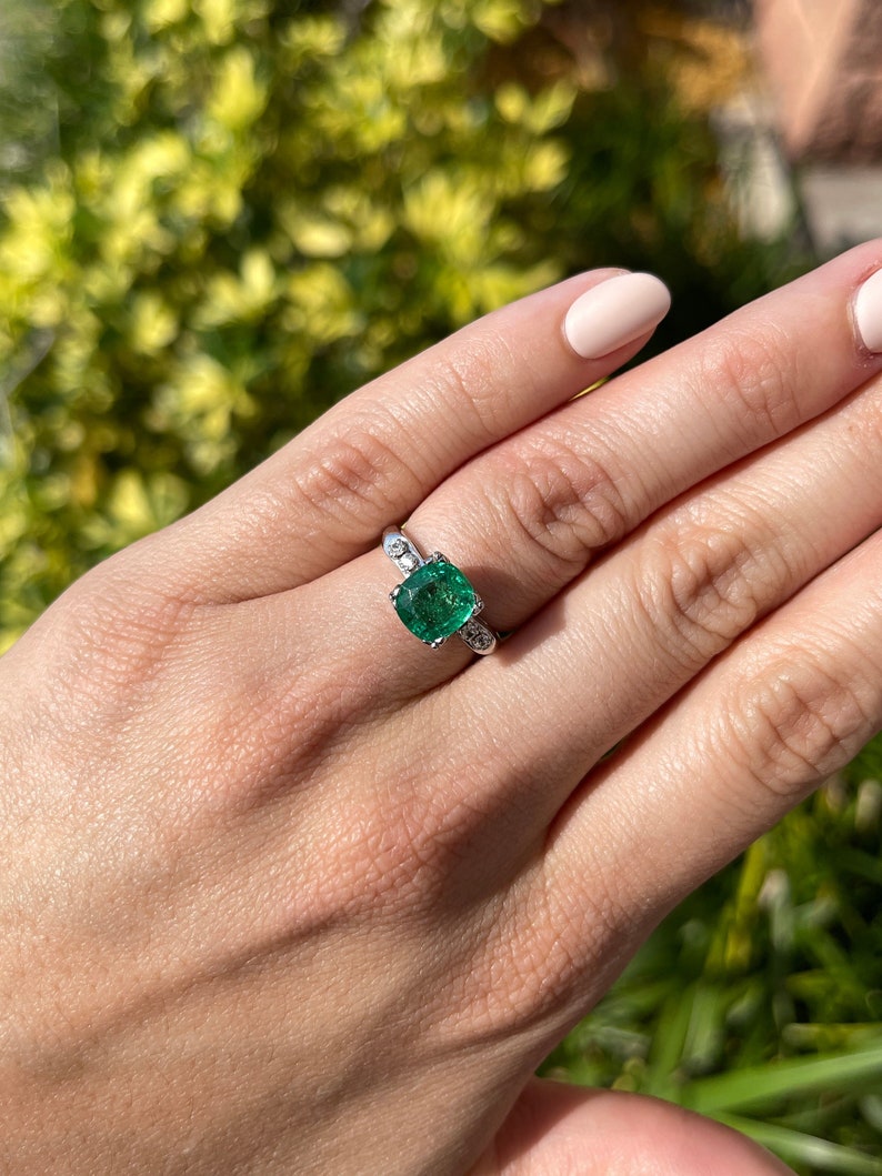 5.62tcw 14K Natural Emerald & Diamond Cushion Cut Solitaire Ring - JR Colombian Emeralds