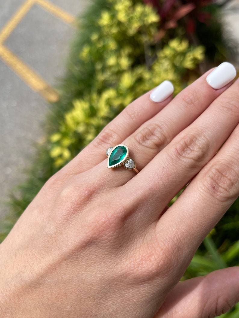 2.67tcw 14K Emerald Three Stone Pear Cut & Heart Cut Diamond Gypsy Ring