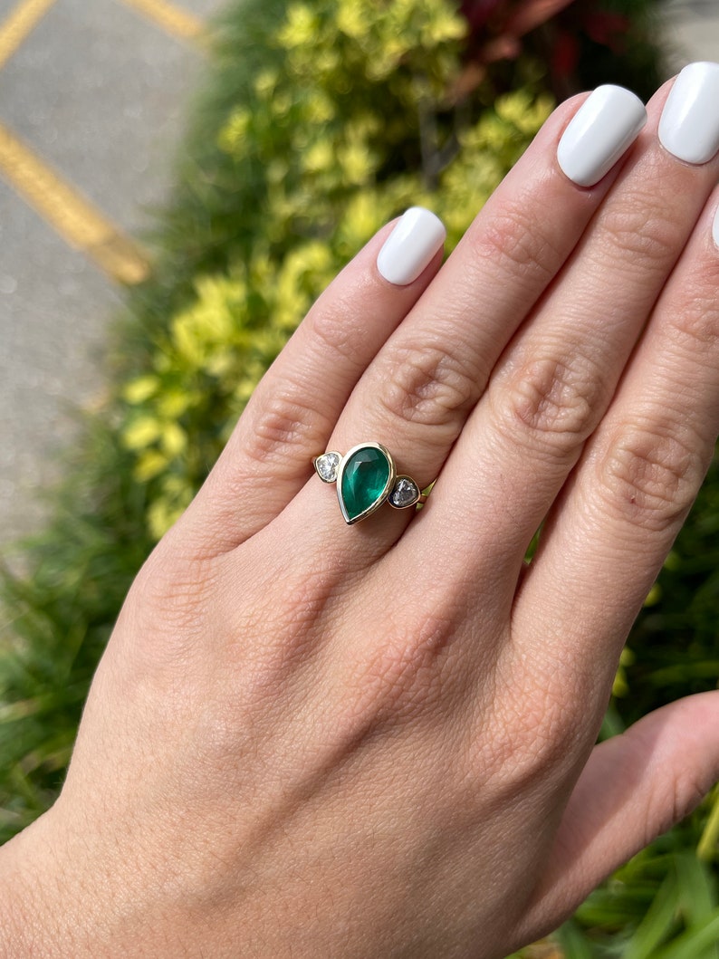14K Emerald Three Stone Pear Cut Diamond Gypsy Ring on Hand