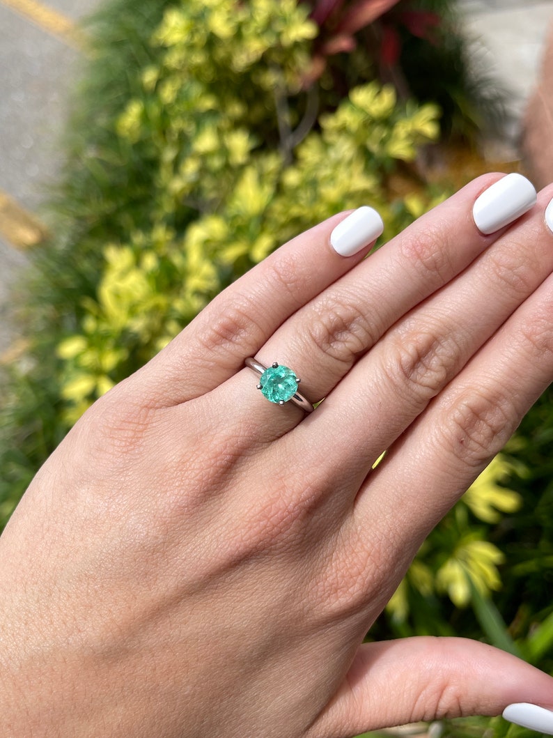 14K Colombian Emerald Round Cut Solitaire Gold Ring on Hand