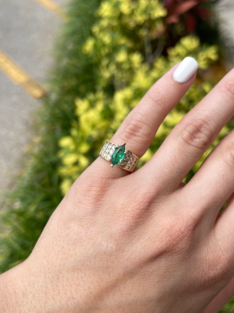 Colombian Emerald Marquise Diamond Cocktail Ring on Hand