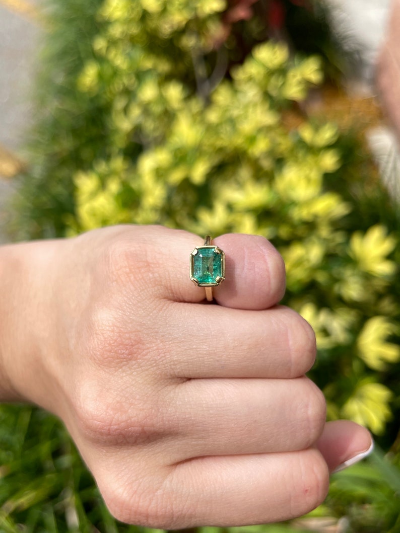 0.90tcw 18K Colombian Emerald Cut Diamond Accent Solitaire Engagement Ring - JR Colombian Emeralds