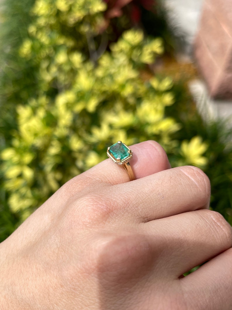 0.90tcw 18K Colombian Emerald Cut Diamond Accent Solitaire Engagement Ring - JR Colombian Emeralds