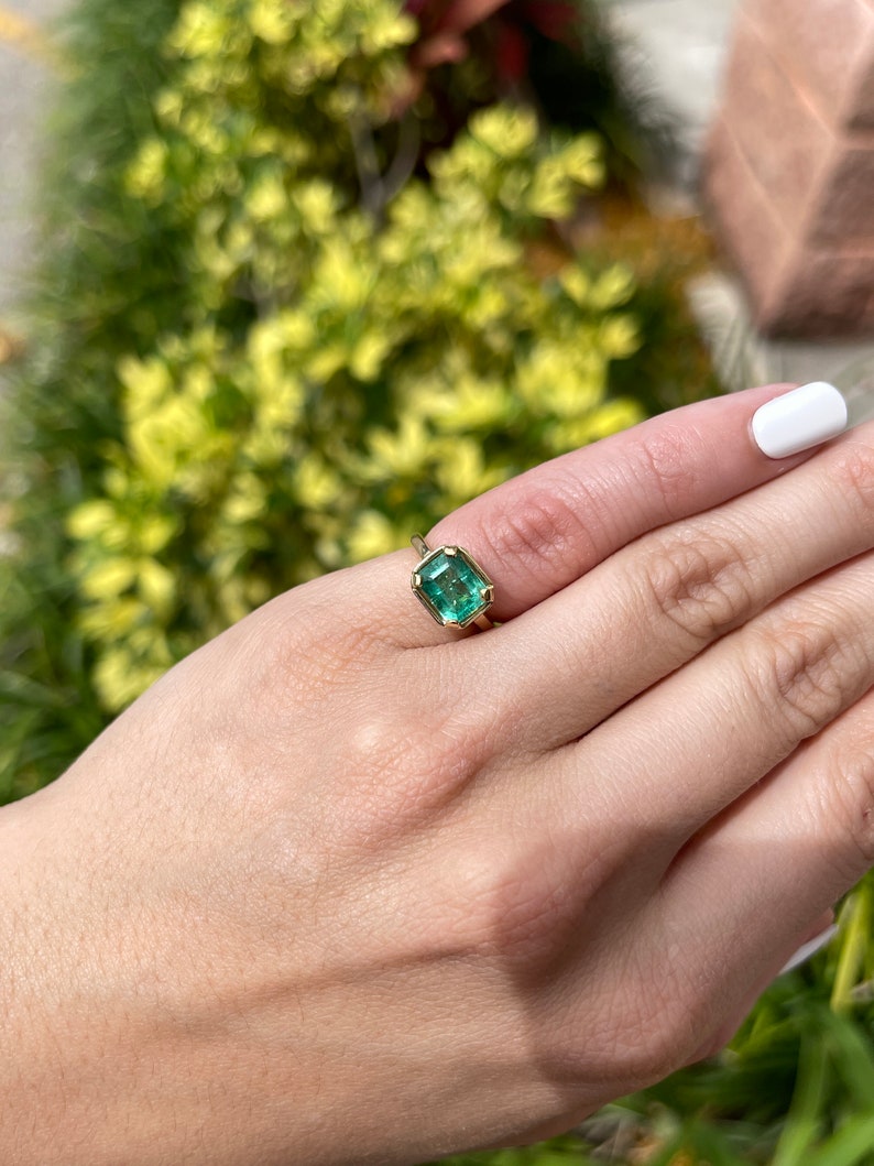 Colombian Emerald Cut Diamond Accent Solitaire Engagement Ring on Hand