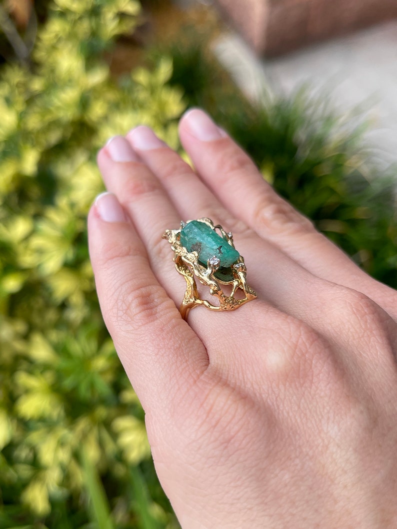 Freeform 8.98tcw 14K Colombian Emerald Rough and Diamond Statement Ring