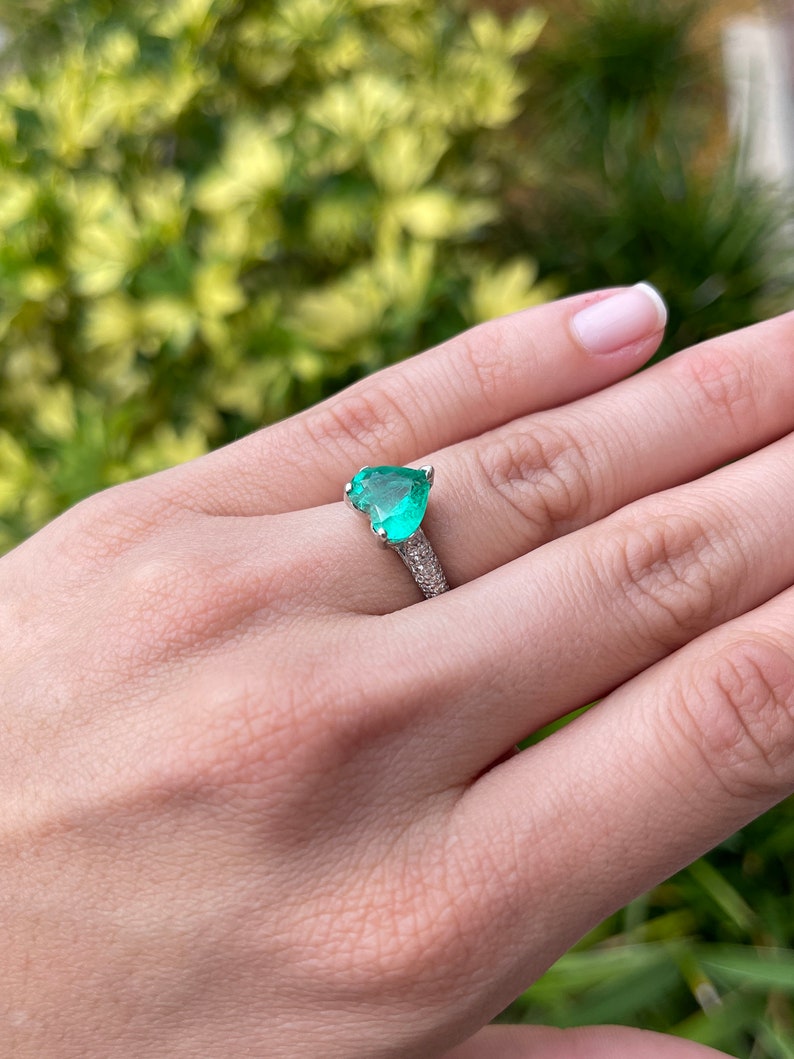 Colombian Emerald Diamond Platinum Heart Ring on Hand