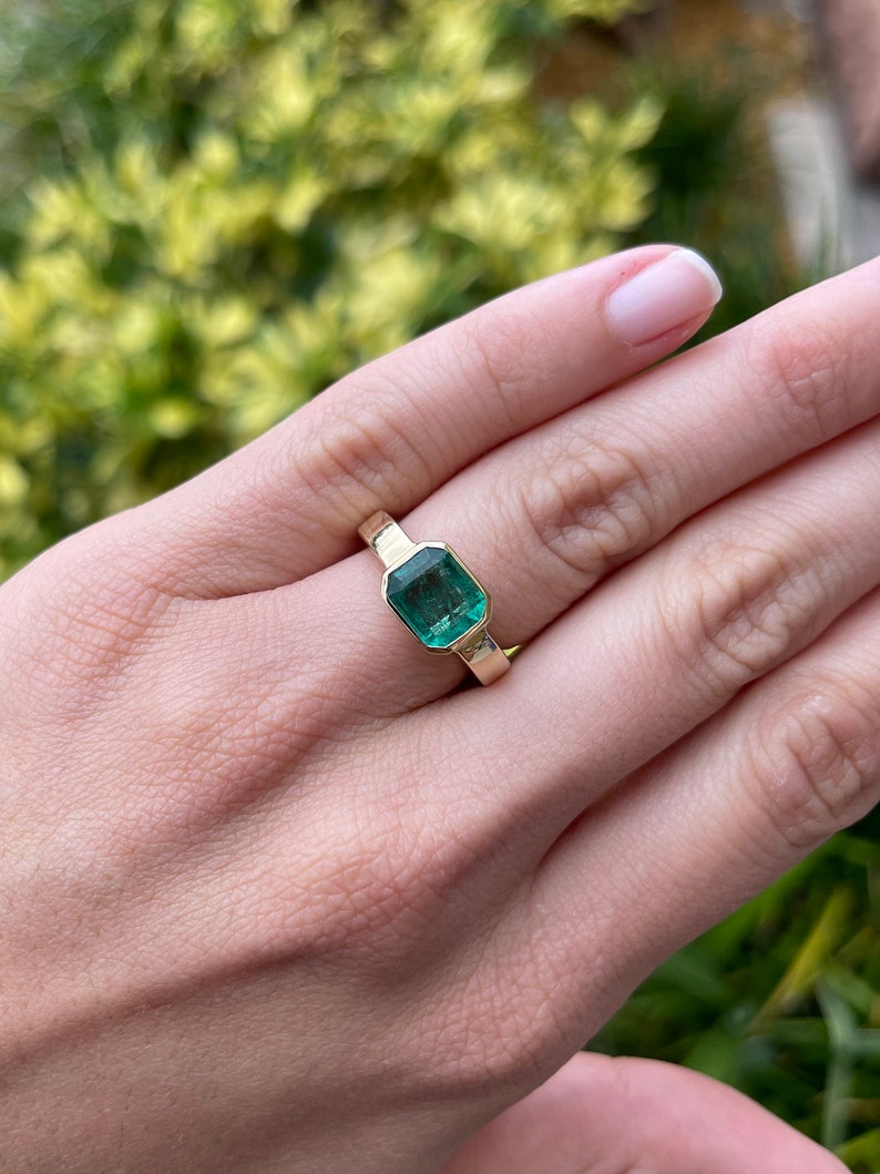 2.40cts 14K Natural Emerald Cut Dark Green Solitaire Engagement Ring - JR Colombian Emeralds