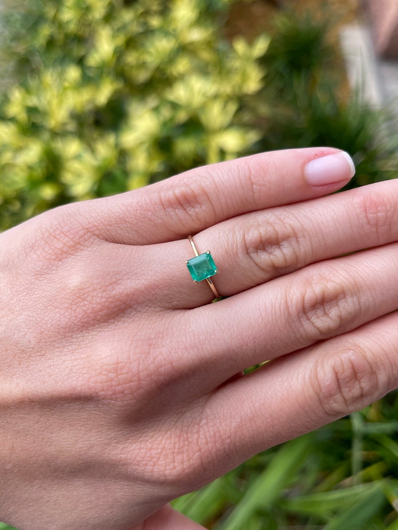 1.20 carat green Emerald Asscher Cut 4 Prong Solitaire Yellow Gold Ring on Hand 14K 