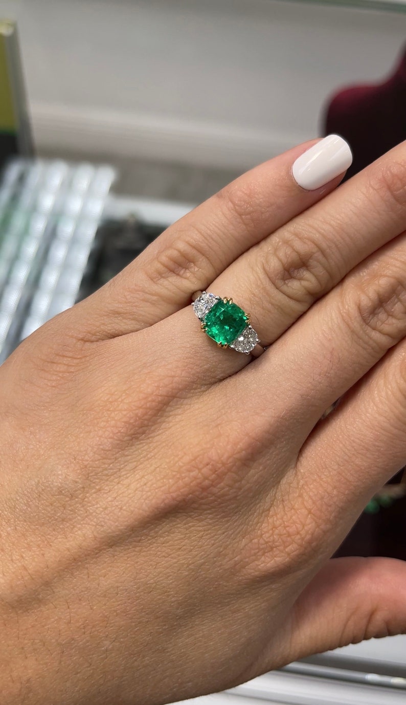 18K Colombian Emerald Cushion Cut Diamond Three Stone Ring on Hand