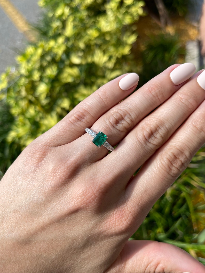 Natural Emerald & Diamond White Gold Engagement Ring on Hand