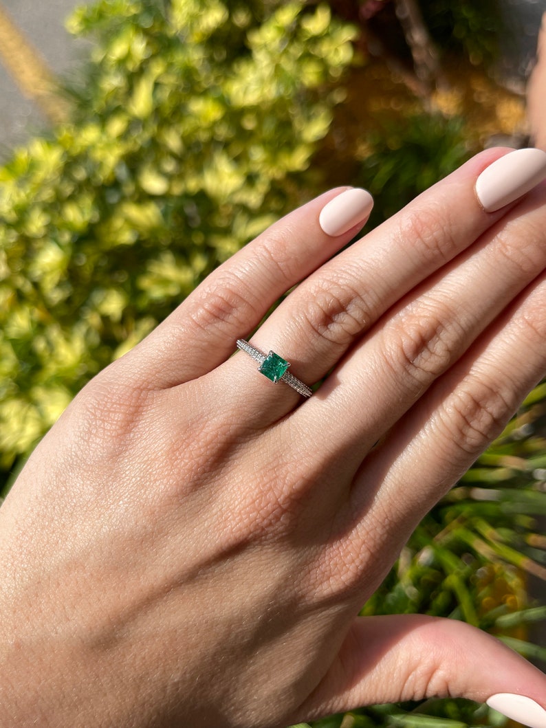 Natural Emerald & Diamond Asscher Cut Engagement Ring on Hand