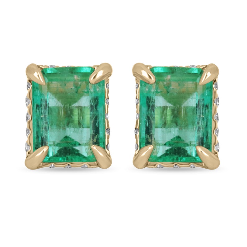2.03tcw 14K vivid green Colombian Emerald Cut Diamond Hidden Accent Yellow Gold Stud Earrings