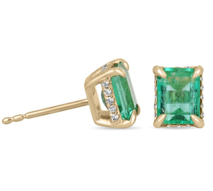 2 carat Colombian Emerald Cut Diamond Accent Yellow Gold hidden halo Stud Earrings