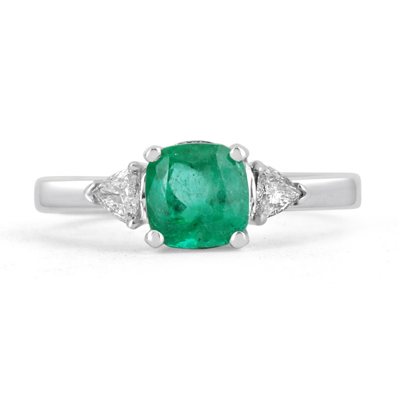 1.48tcw 18K Colombian Emerald Cushion Cut Three Stone Diamond Ring