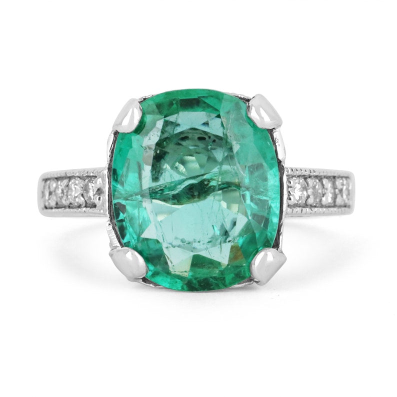 5.62tcw 14K Natural Emerald & Diamond Cushion Cut Solitaire Ring