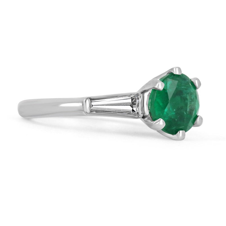 Emerald Round Cut & Tapered Baguette Diamond Three Stone Ring