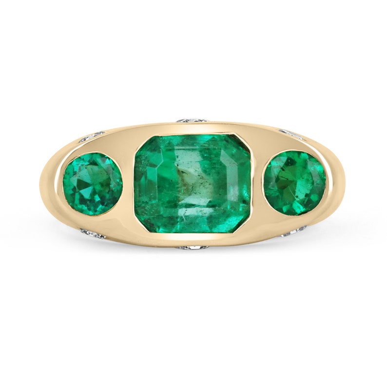 2.85tcw 14K Colombian Emerald Round Cut Diamond Accent Three stone Ring