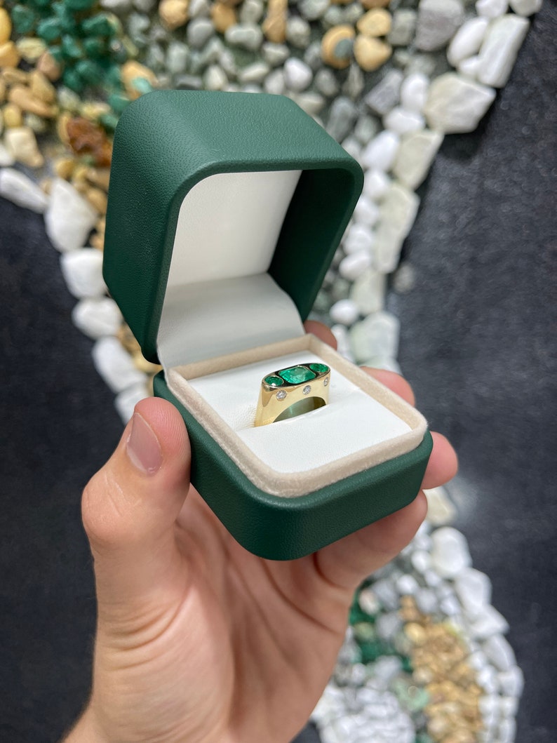 2.85tcw 14K Colombian Emerald Round Cut Three stone Diamond Ring - JR Colombian Emeralds