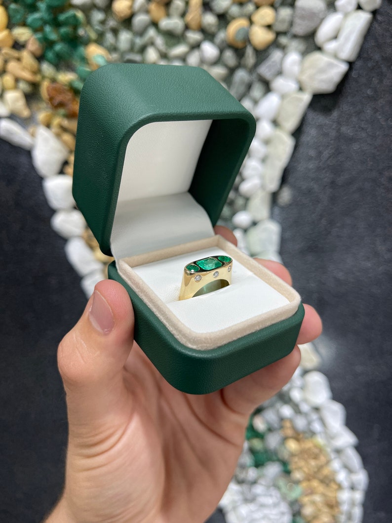 2.85tcw 14K Colombian Emerald Round Cut Three stone Diamond Ring