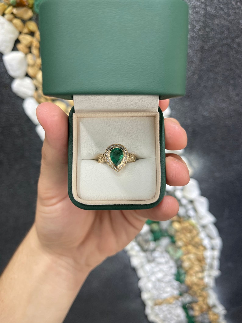 1.86tcw 14K Natural Emerald Pear Cut Floral Design Diamond Ring - JR Colombian Emeralds