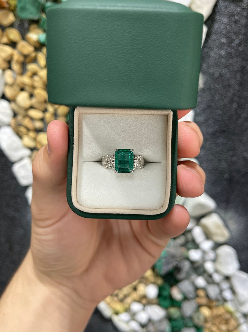 3.59cts Natural Emerald Cut Solitaire Vintage Style Ring