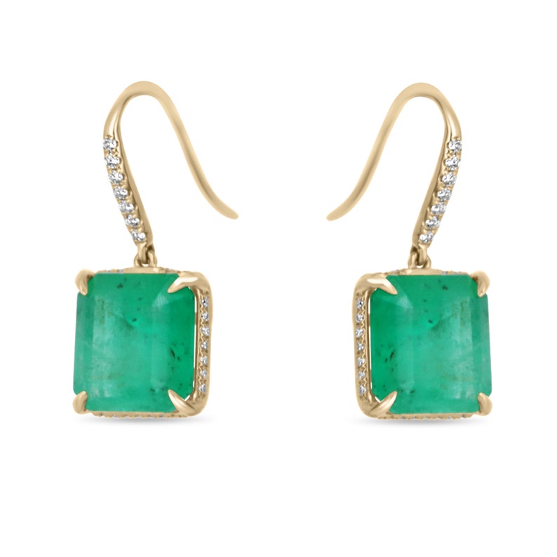 16.80tcw Dark Green Square Emerald and Diamond Lever Back Yellow Gold big Earrings 18K