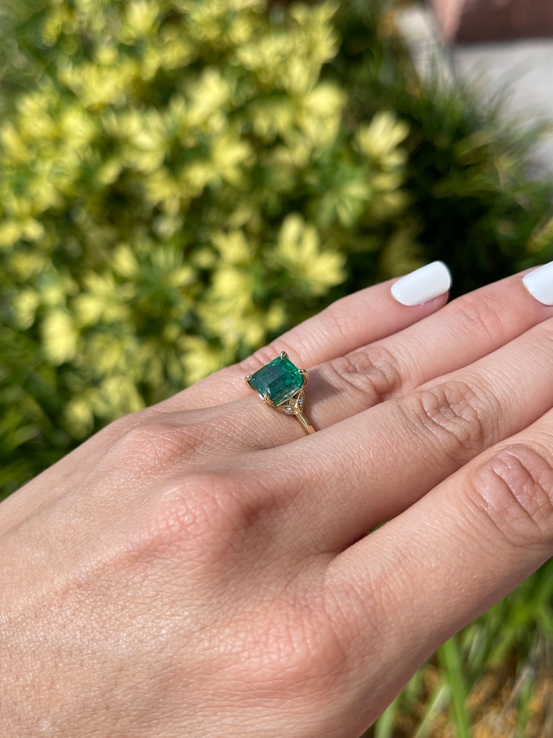 3.51tcw 14K Natural Emerald Cut & Diamond Accent Floral Engagement Ring - JR Colombian Emeralds