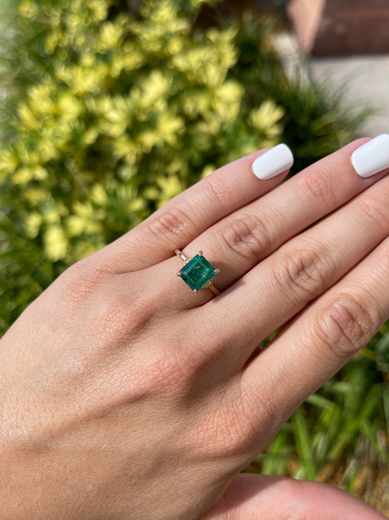 3.51tcw 14K Natural Emerald Cut & Diamond Accent Floral Engagement Ring - JR Colombian Emeralds