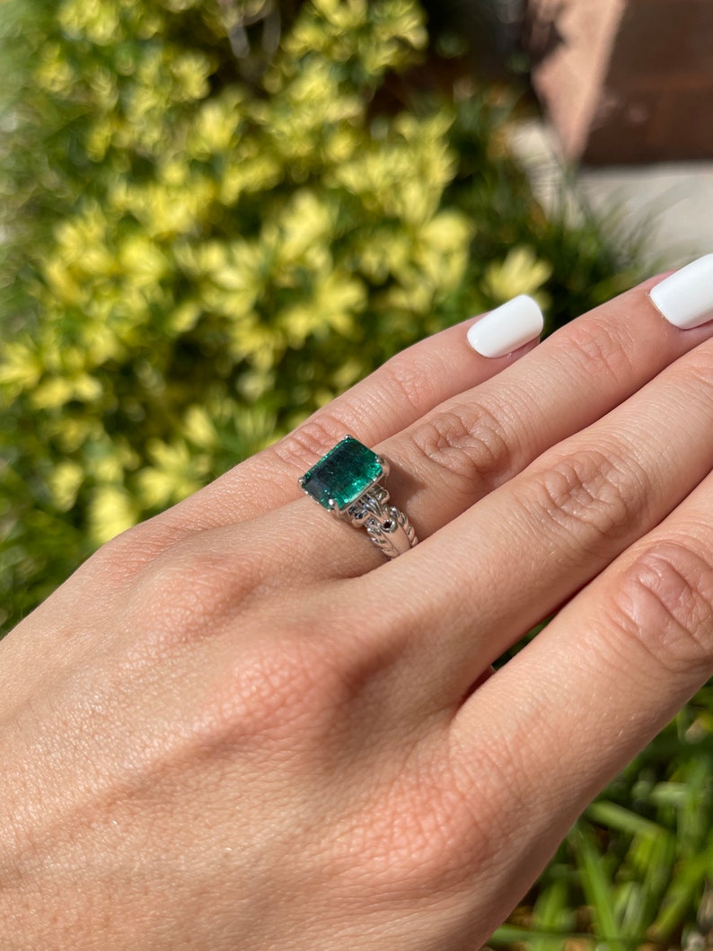 3.59 Carat Natural Emerald Cut Solitaire Vintage Style Ring Platinum - JR Colombian Emeralds