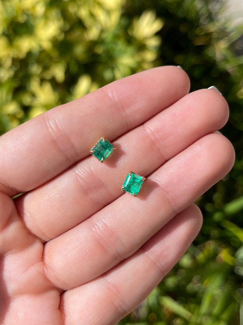 Colombian Emerald Cut Diamond Accent Yellow Gold Stud Earrings on Hand 2 carat 14K