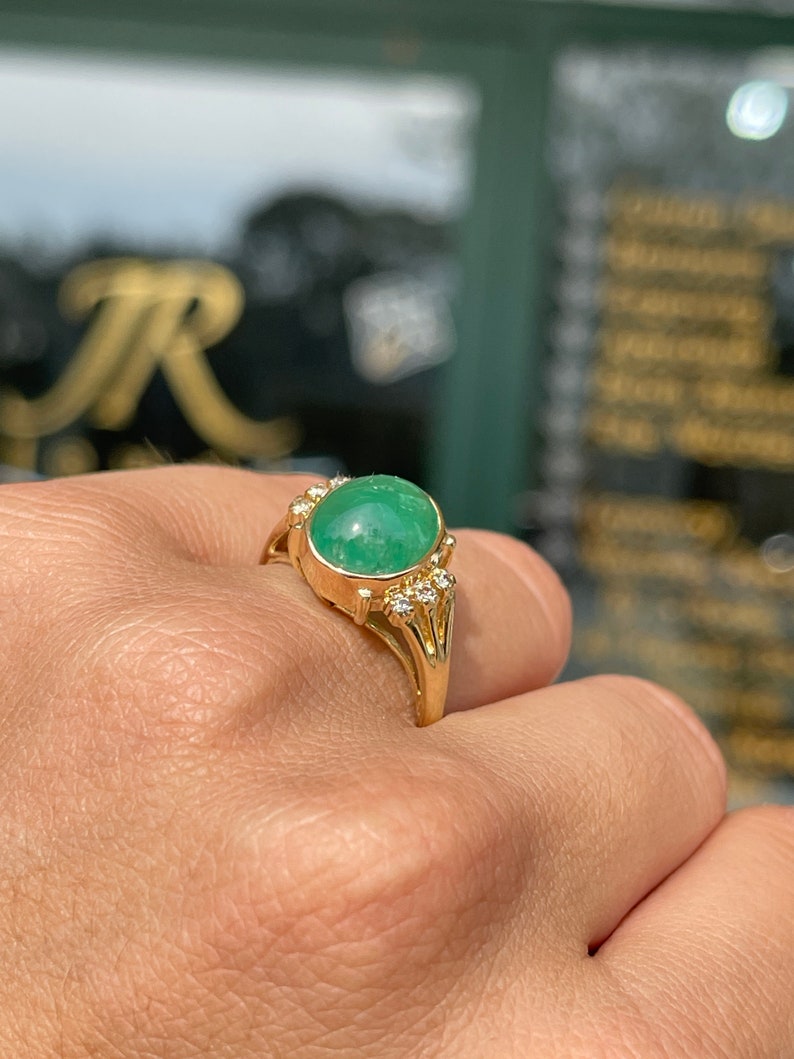 3.36tcw 14K Natural Emerald Oval Cut Cabochon and Diamond Statement Ring - JR Colombian Emeralds