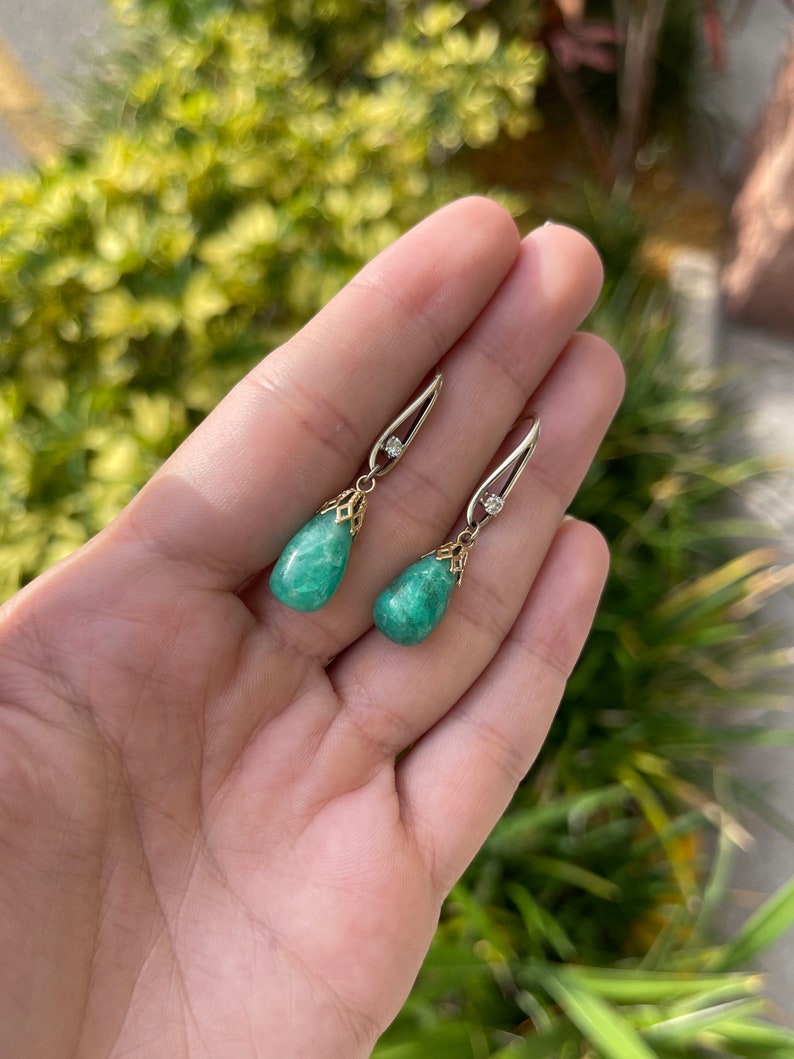 Colombian Emerald Biolette Cabochon & Diamond Accent French Hook Earrings on Hand