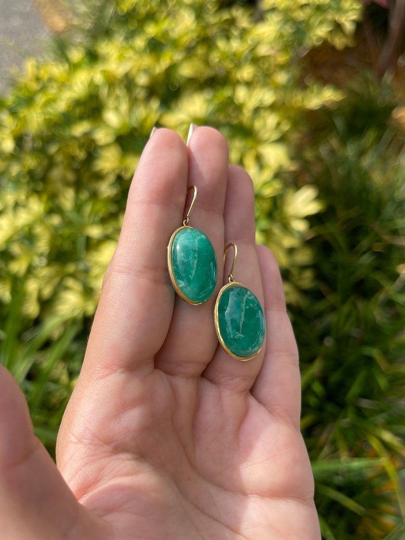 44.80tcw 18K Colombian Emerald HUGE Oval Hook Earrings on Hand