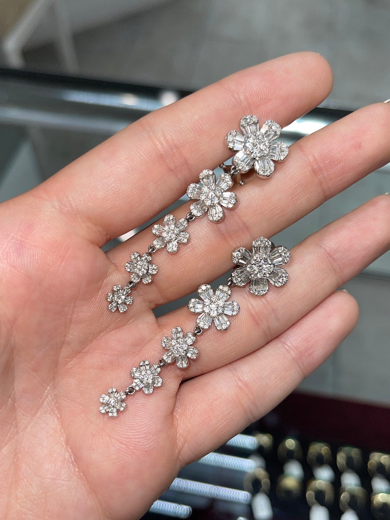 4.18tcw 14K Brilliant Round & Baguette Cut Diamond Chandelier Statement Earrings on Hand