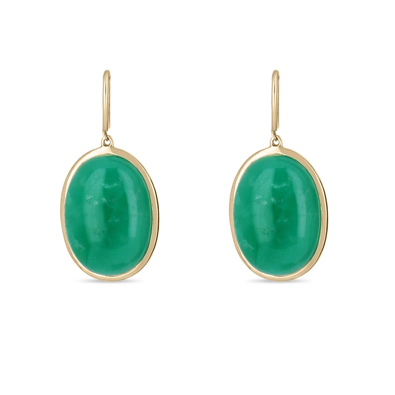 44.80tcw Deep Green Colombian Emerald HUGE Oval Hook Bezel Earrings 18K Yellow Gold