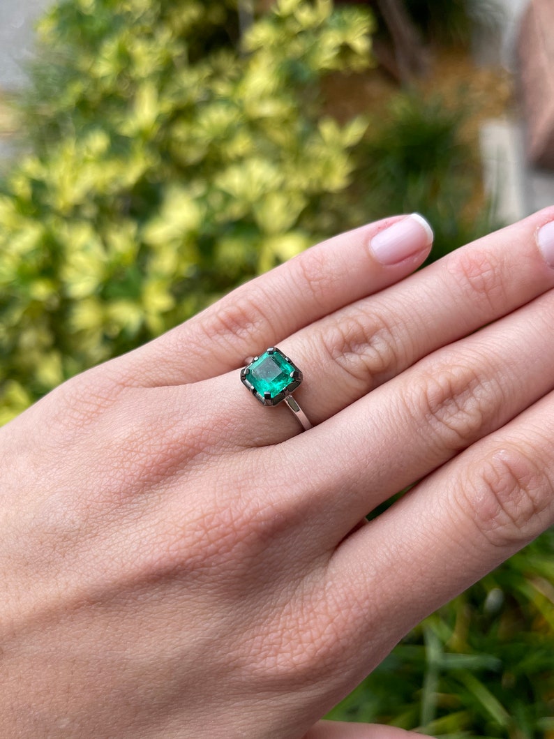 Colombian Emerald Asscher Cut 8-Prong Solitaire Ring on Hand