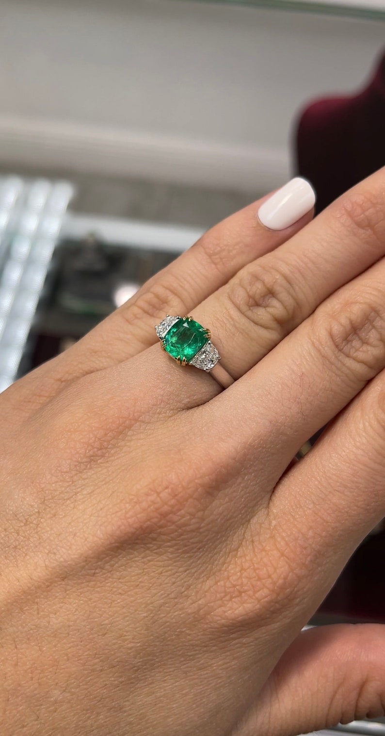 2.97tcw 18K Colombian Emerald Cushion Cut Diamond Three Stone Ring - JR Colombian Emeralds