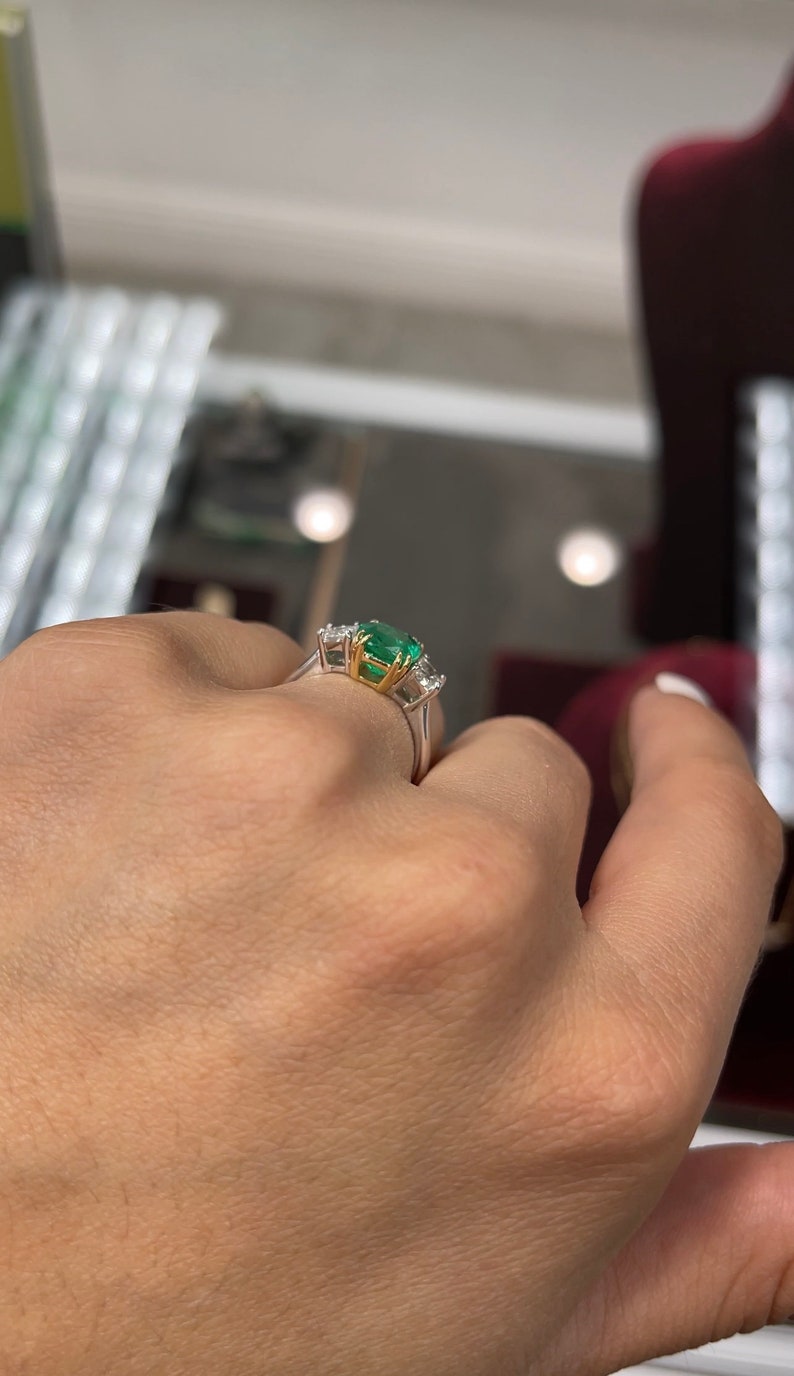 2.97tcw 18K Colombian Emerald Cushion Cut Diamond Three Stone Ring - JR Colombian Emeralds